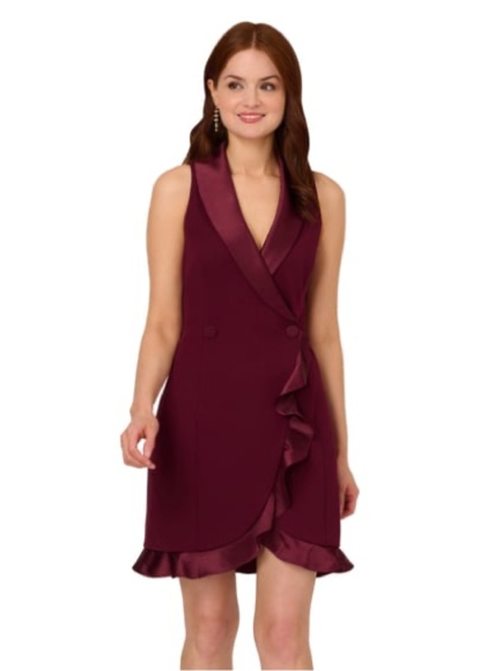 Adrianna Papell Wine Tuxedo Blazer Dress Size 12 NWT Satin Ruffle Cocktail GALA